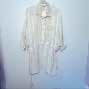Elan Rosemary Cover-Up Gauzy Metallic Stripes Tassel Neutral Beachy Summer Dress